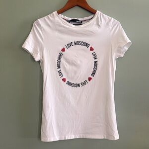 LOVE MOSCHINO size 6 White Round Lettering Heart Jersey Tee